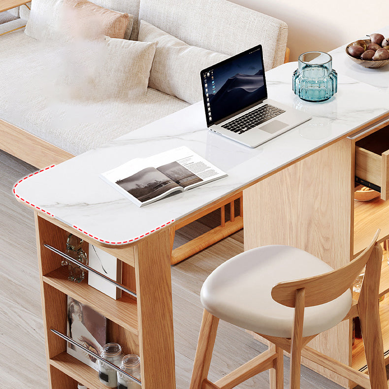 Stone Top Bar Table with Wooden Storage Rectangle Bistro Table for Small Places