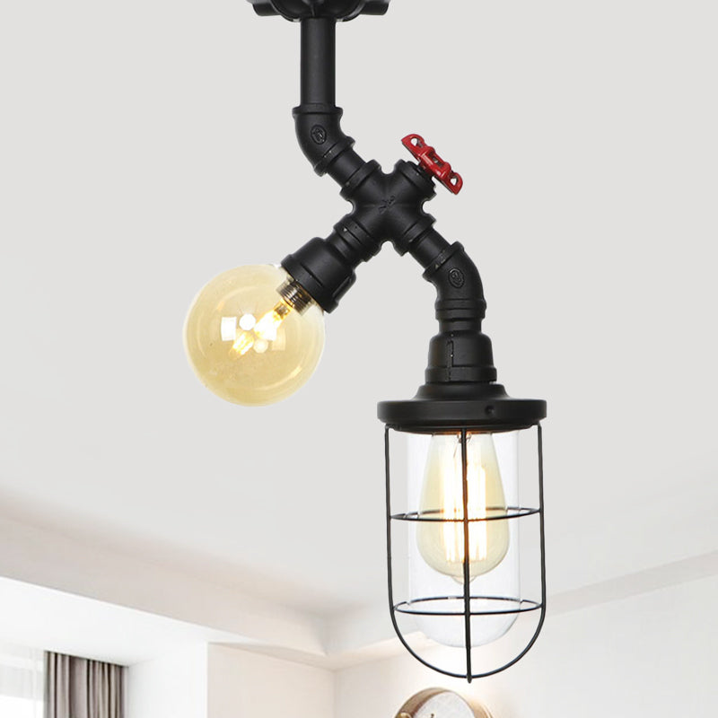 Lámpara montada en techo de pasillo de 2 luces vintage semi empotrada con orbe/cápsula de vidrio transparente en negro con jaula