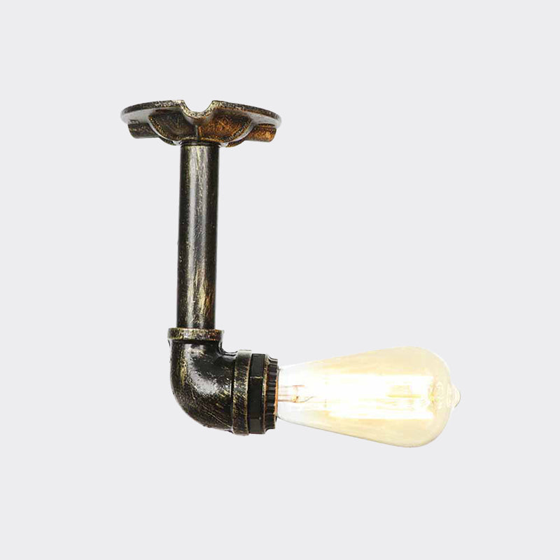 Rustic Water Pipe Semi Flushmount 1-Head Metallic Ceiling Mounted Fixture in Bronze