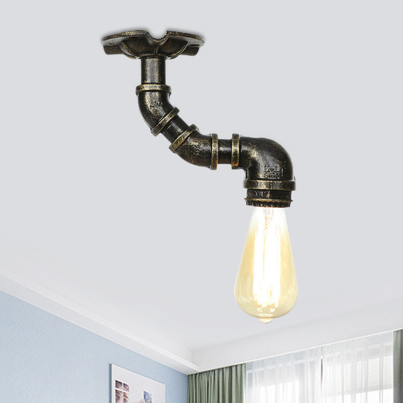 1-Head Semi Mount Lighting Antiqued Exposed Bulb Metal Flush Ceiling Lamp in Bronze