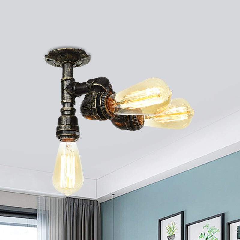Industrial Bare Bulb Semi Flush Mount 3/4-Light Iron Flush Ceiling Lighting in Bronze