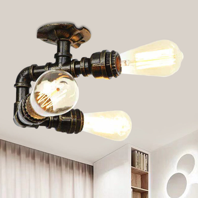 Industrial Bare Bulb Semi Flush Mount 3/4-Light Iron Flush Ceiling Lighting in Bronze