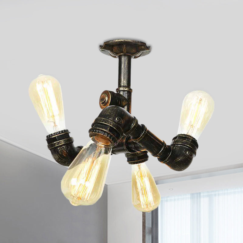 Industrial Bare Bulb Semi Flush Mount 3/4-Light Iron Flush Ceiling Lighting in Bronze