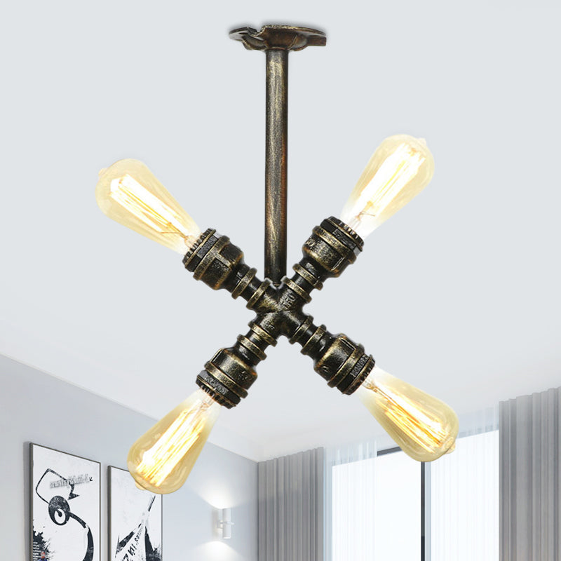Industrial Bare Bulb Semi Flush Mount 3/4-Light Iron Flush Ceiling Lighting in Bronze