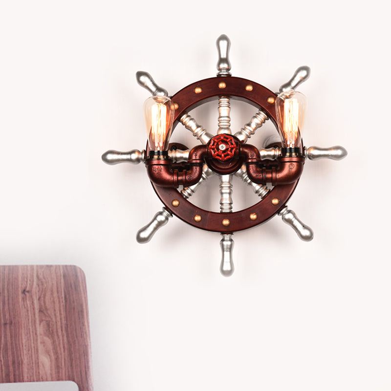 Metal Rudder Wall Light Sconce Vintage 2 Lights Bedroom Wall Mount Lamp Fixture in Copper