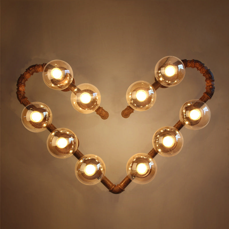 Heart Shape Pipe Metal Wall Sconce Industrial 10 Bulbs Restaurant Wall Mounted Lamp in Rust with Ball Clear Glass Shade