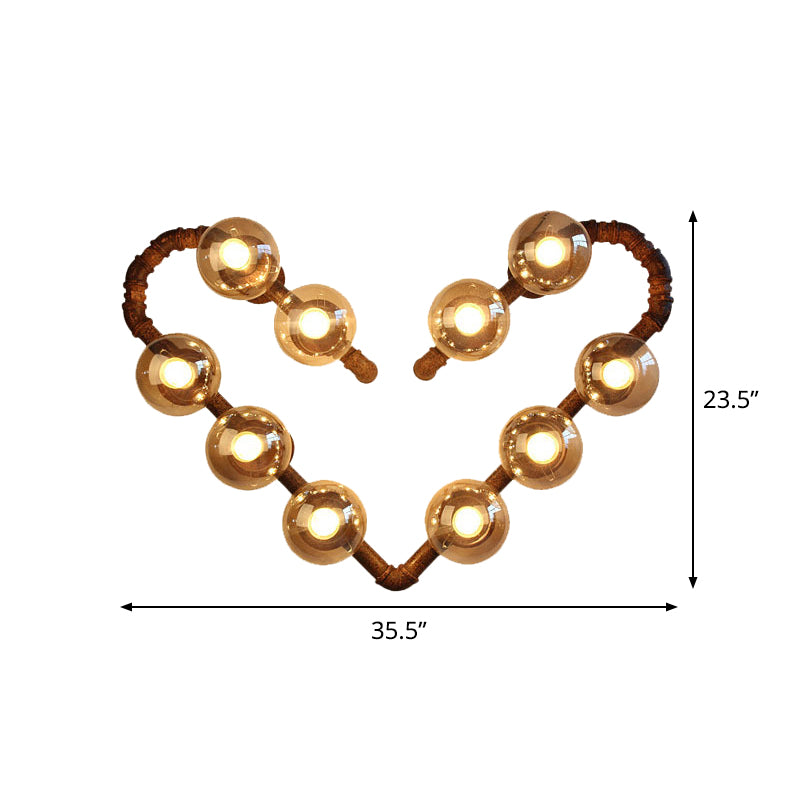 Heart Shape Pipe Metal Wall Sconce Industrial 10 Bulbs Restaurant Wall Mounted Lamp in Rust with Ball Clear Glass Shade