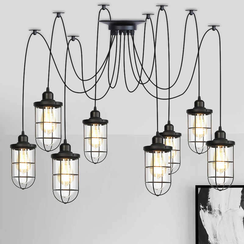 2/3/6-Bulb Clear Glass Multi Ceiling Light Industrial Black Caged Restaurant Swag Pendulum Lamp