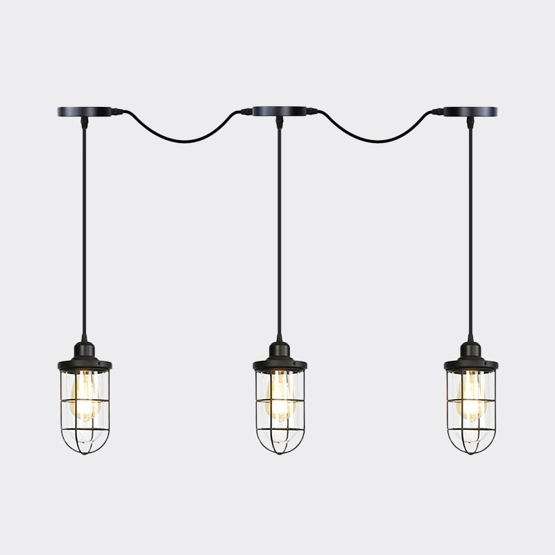 Black 3/5/7 Heads Multi Light Chandelier Farmhouse Clear Glass Cage Tandem Ceiling Lamp