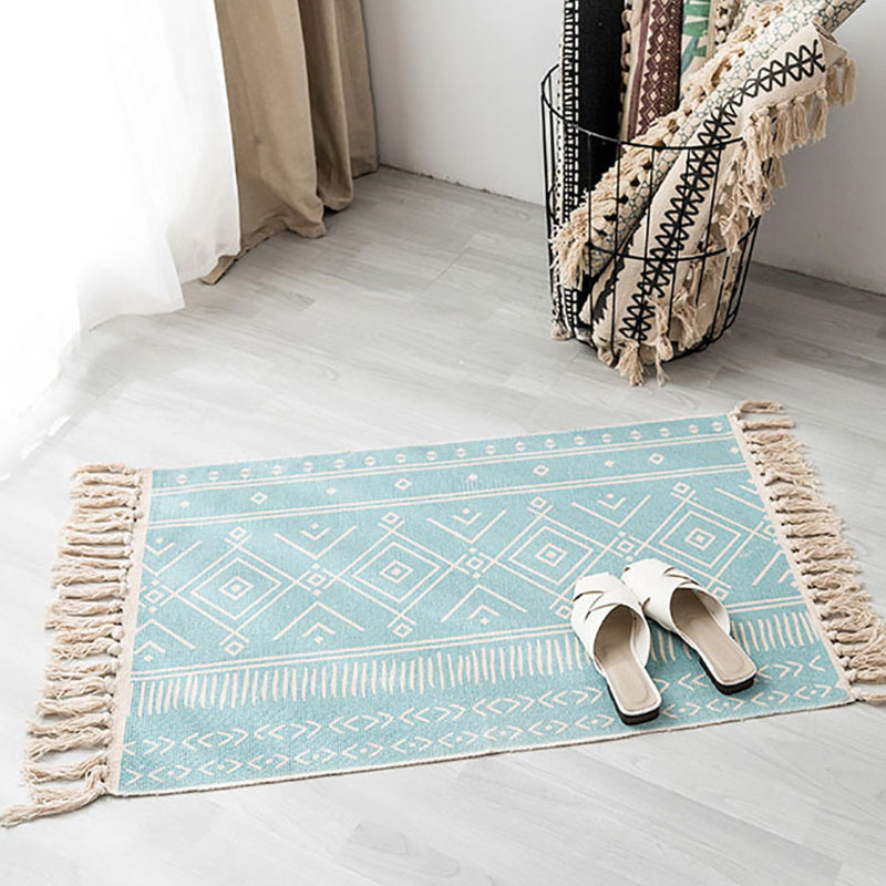 Contemporary Carpet Geometric Print Cotton Linen Area Carpet Rectangle Bedroom Tassel Rug