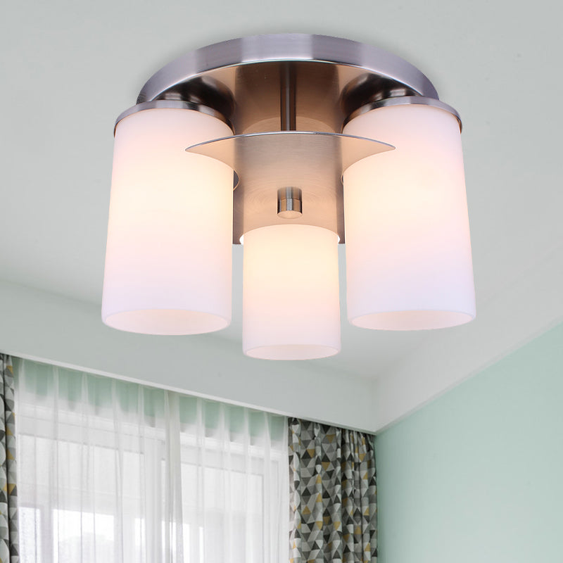 3 Lights Bedroom Flush Mount Lighting Modernism Chrome Flush Lamp Fixture with Cylinder Cream Glass Shade