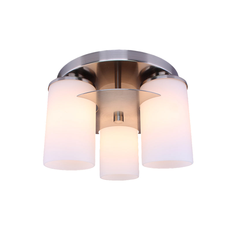 3 Lights Bedroom Flush Mount Lighting Modernism Chrome Flush Lamp Fixture with Cylinder Cream Glass Shade