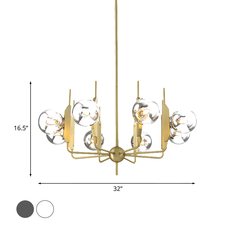 Lampada del lampadario a 8 luci del soggiorno Post Modern Gold Affermazione Gold con sfera di vetro bianco/fumo grigio.
