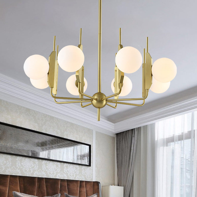 Lampada del lampadario a 8 luci del soggiorno Post Modern Gold Affermazione Gold con sfera di vetro bianco/fumo grigio.