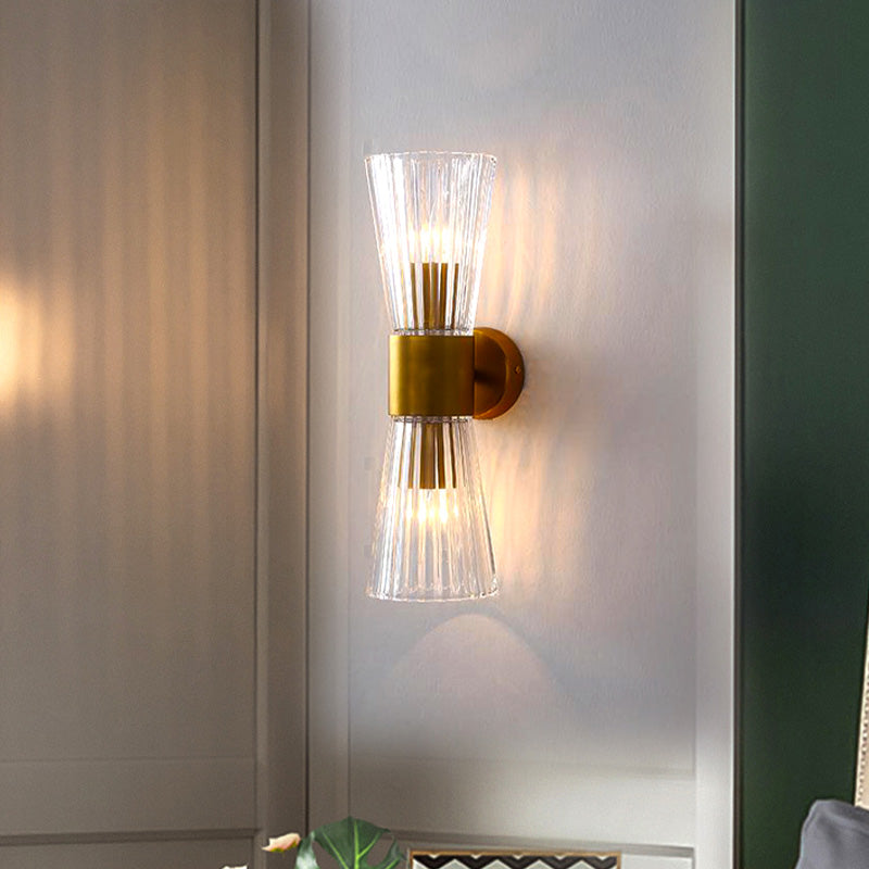 Hourglass Shape Wall Sconce Lighting Postmodern Clear Prismatic Glass 2 Heads Brass Up-Down Wall Lamp