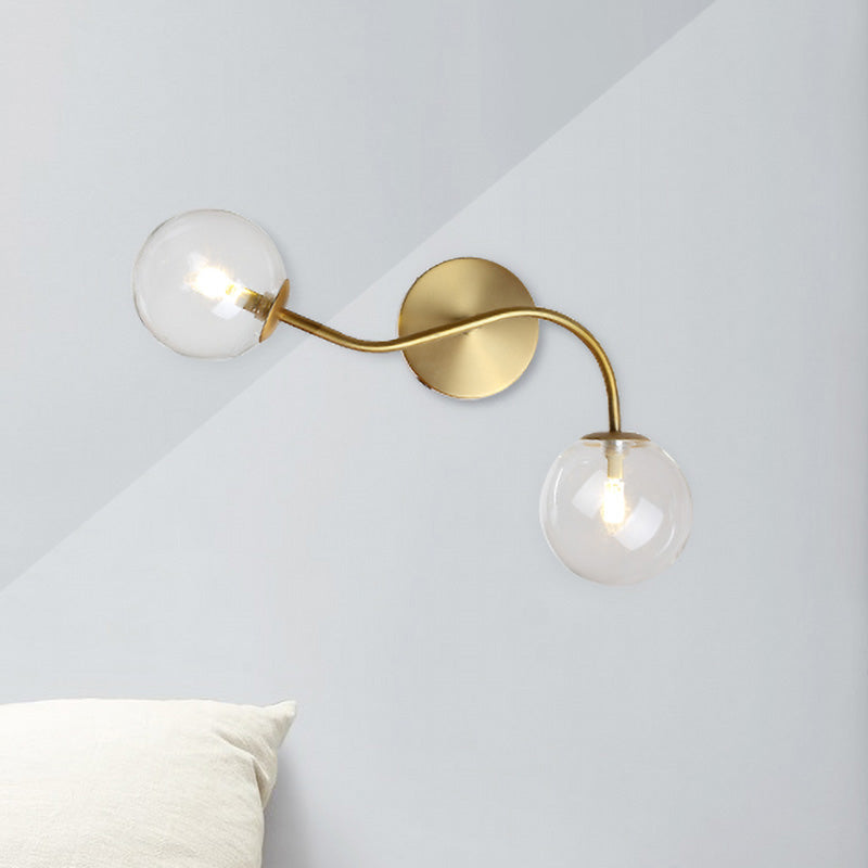 Ball Stairway Wall Mount Light Clear/Tan Glass 2-Light Post Modern LED Wall Lamp Sconce in Brass