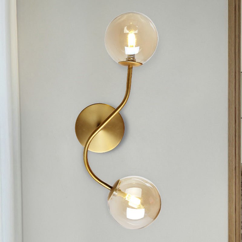 Ball Stairway Wall Mount Light Clear/Tan Glass 2-Light Post Modern LED Wall Lamp Sconce in Brass