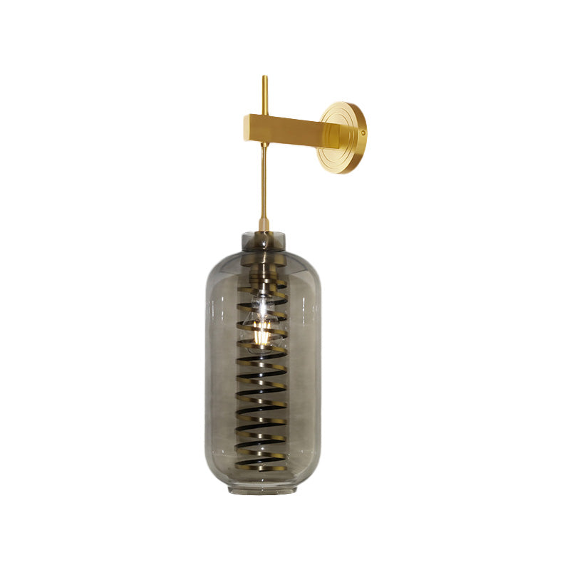 Smoke Gray Glass Cylinder Wall Sconce Light Post-Modern 1 Head Wall Mounted Lamp in Brass