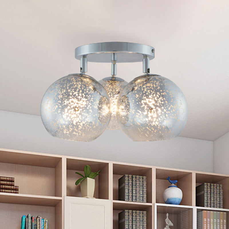 Chrom sphärische Halbflush -Beleuchtung moderne 3 Lampen weiße Frost-/Silberpunkt -Glasspülenlampe