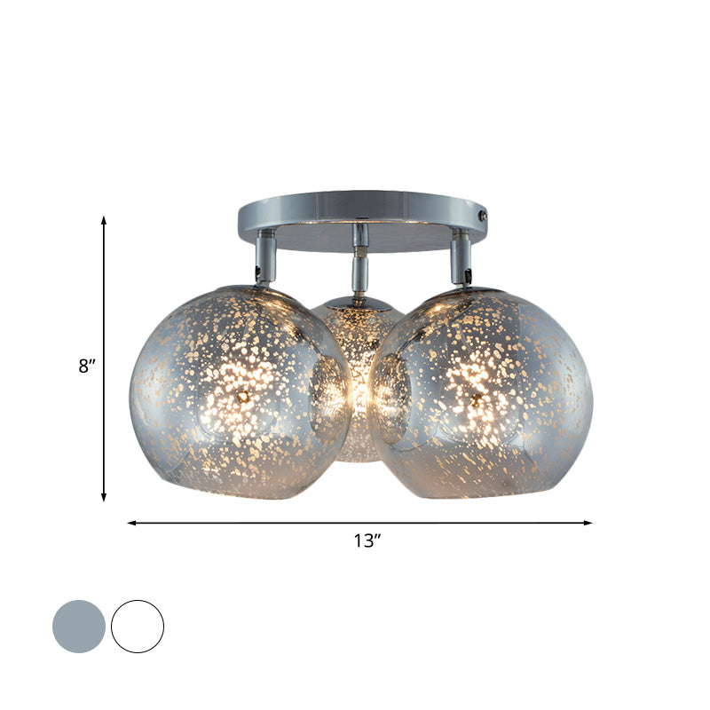 Chrom sphärische Halbflush -Beleuchtung moderne 3 Lampen weiße Frost-/Silberpunkt -Glasspülenlampe