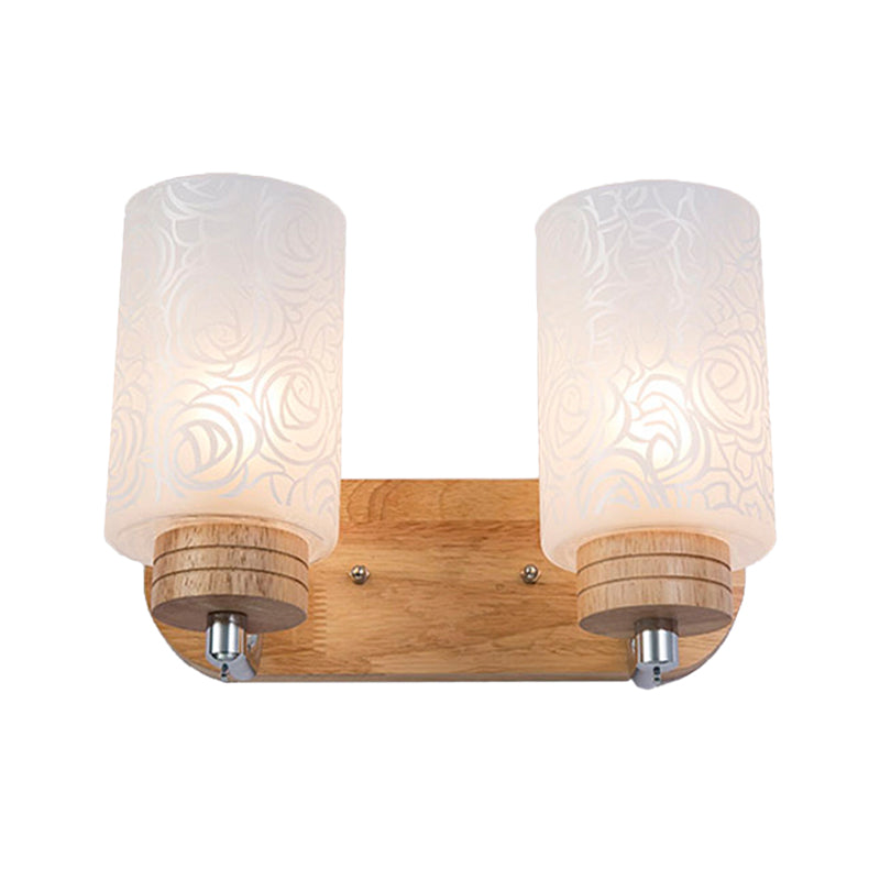 White Glass Cylinder Wall Light Sconce Modern 2 Heads Wood Wall Mount Lamp Fixture with Rose Pattern