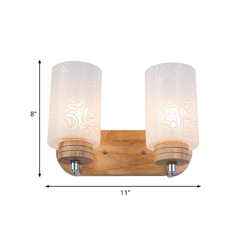 White Glass Cylinder Wall Light Sconce Modern 2 Heads Wood Wall Mount Lamp Fixture with Rose Pattern