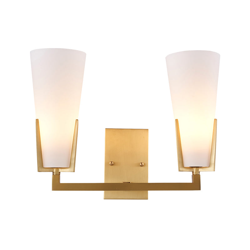 Cone Bedside Sconce Lighting White Glass 2 Bulbs Post Modern Wall Mounted Lamp in Brass