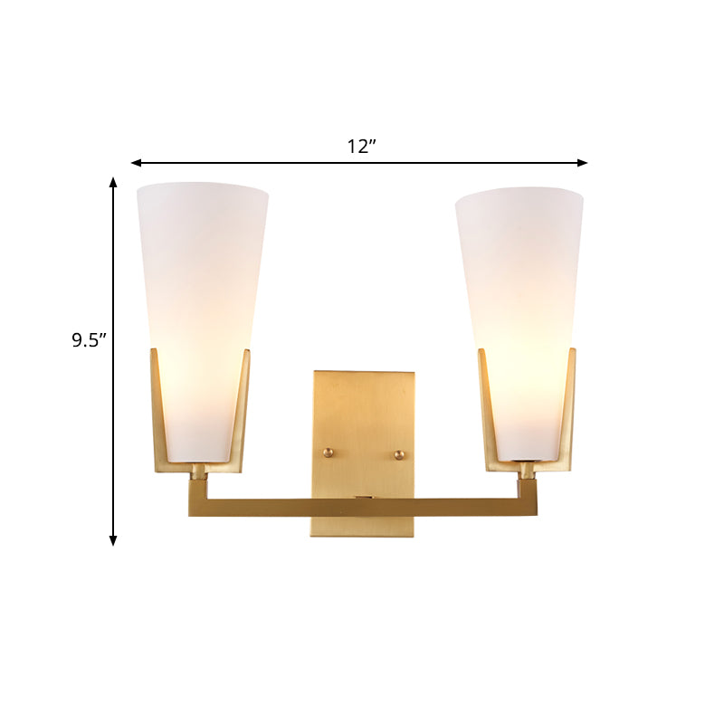 Cone Bedside Sconce Lighting White Glass 2 Bulbs Post Modern Wall Mounted Lamp in Brass
