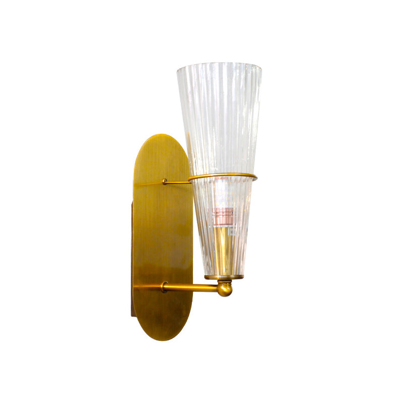 Post Modern 1 Bulb Wall Sconce with Clear Ribbed Glass Shade Gold Finish Cone Wall Lighting