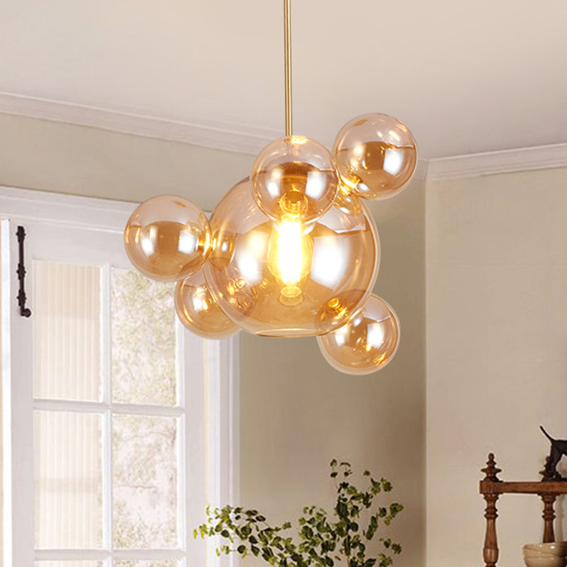 Amber Glass Bubble Shape Pendant Modernist 1 Light Hanging Lamp Kit over Dining Table
