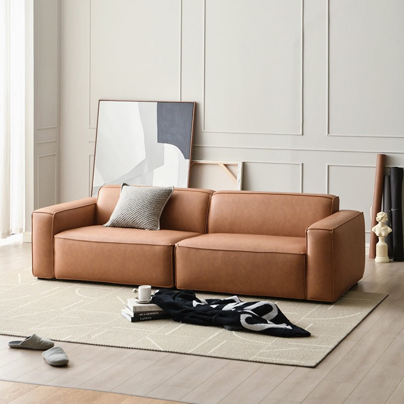 Contemporary Stationary Faux Leather Sofa Living Room Square Arm Tight Back Sofa
