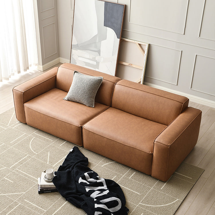 Contemporary Stationary Faux Leather Sofa Living Room Square Arm Tight Back Sofa