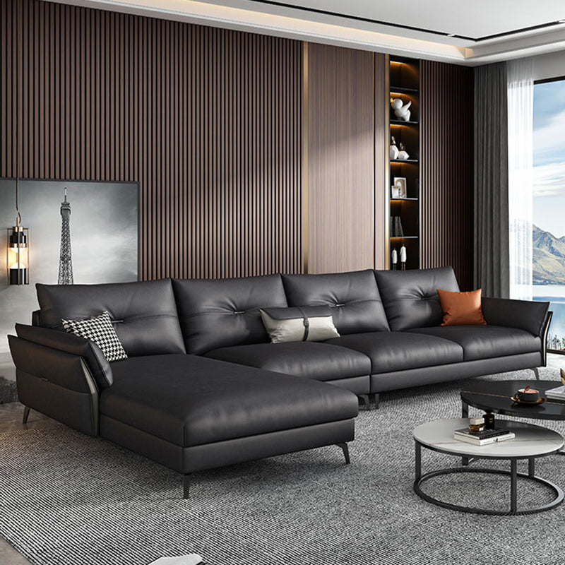 Mid Century Faux Leather Sectional Flared Arm Sectional Set in Black