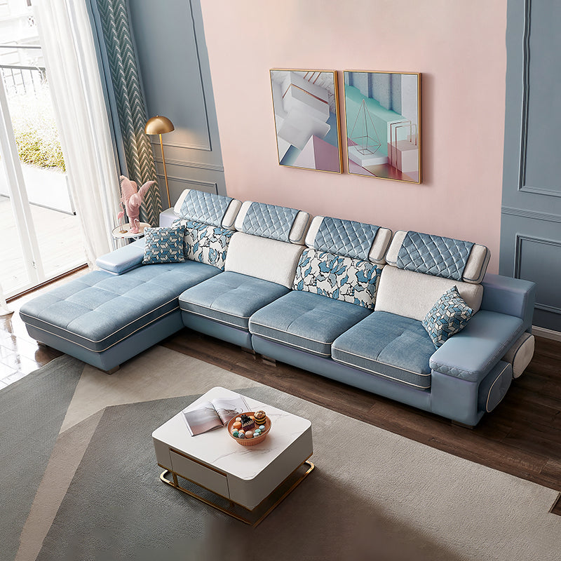 Nordic 4-Seat Sectional & Chaise Pillow Top Arm Sectional Sofa in Blue