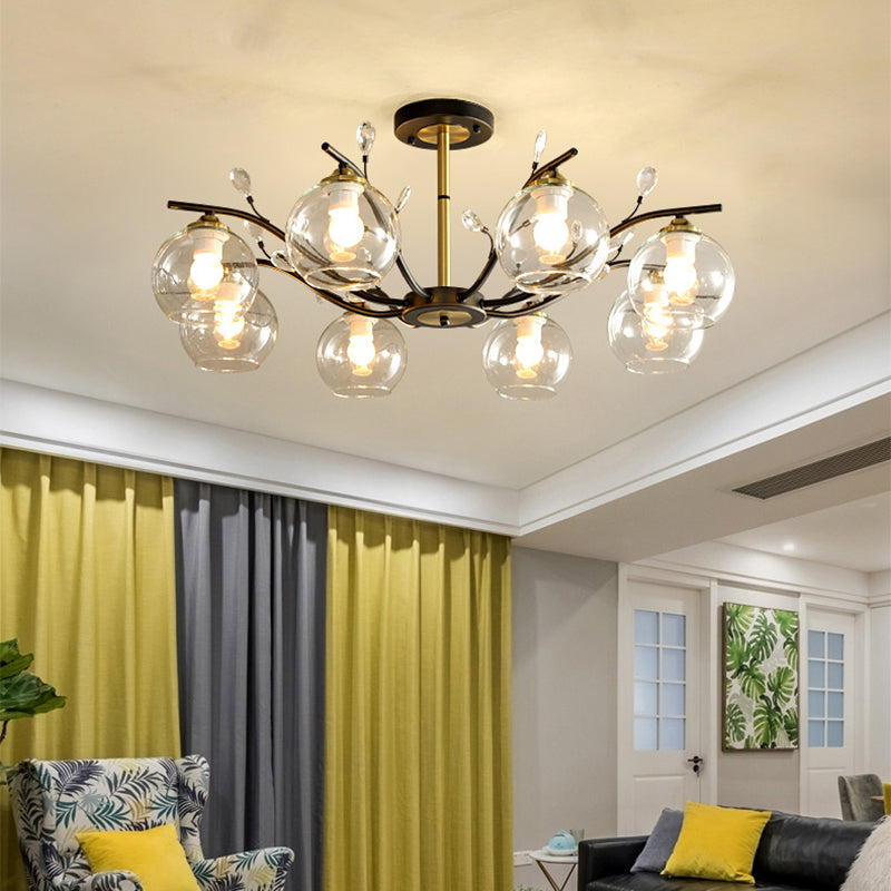 Sahne/klares Glas Global Semi Flush Mount Moderne 8-Bulb Schwarz und Goldspülendedecke mit Kristallakzent