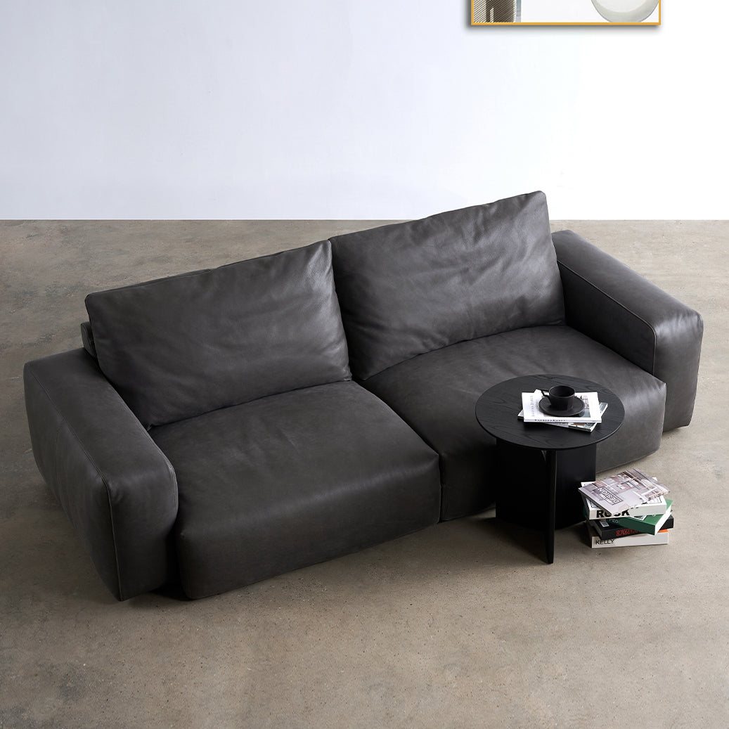 Mid Century Modern Sofa Leather Square Arm Sofa in Deep Grey