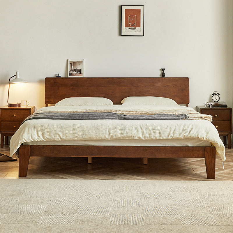 Contemporary Panel Bed in Brown Solid Wood Bed with Rectangular Headboard