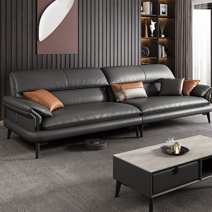 Scandinavian Sofa Genuine Leather Dark Gray Cushions Pillow Top Arm Seating