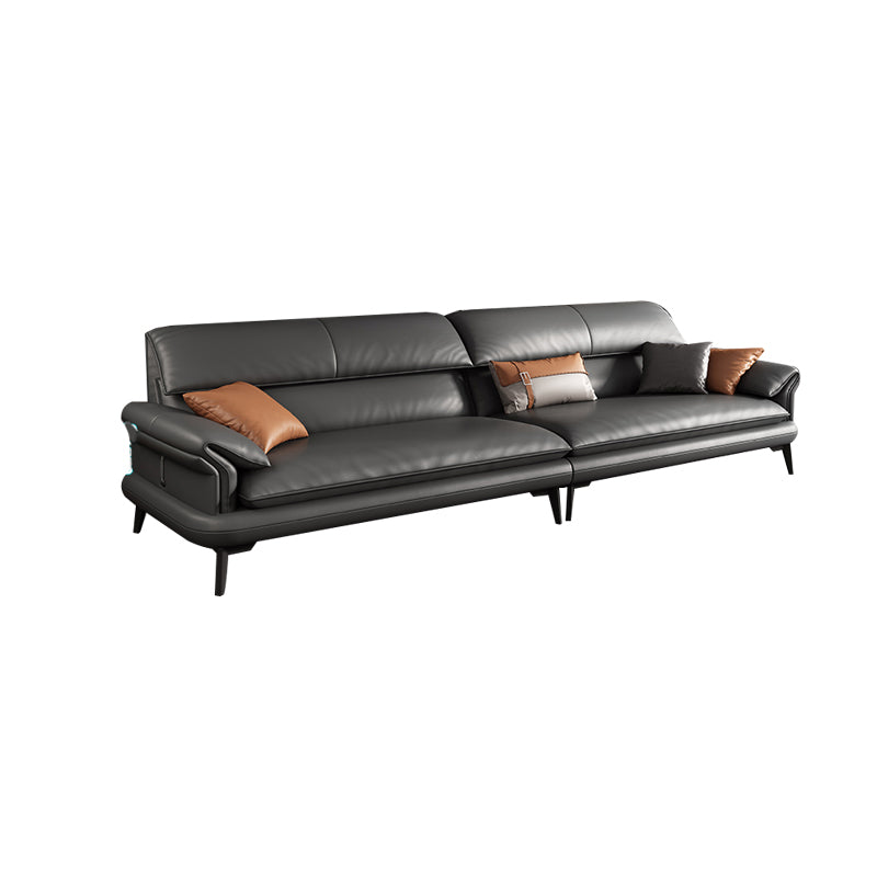 Scandinavian Sofa Genuine Leather Dark Gray Cushions Pillow Top Arm Seating