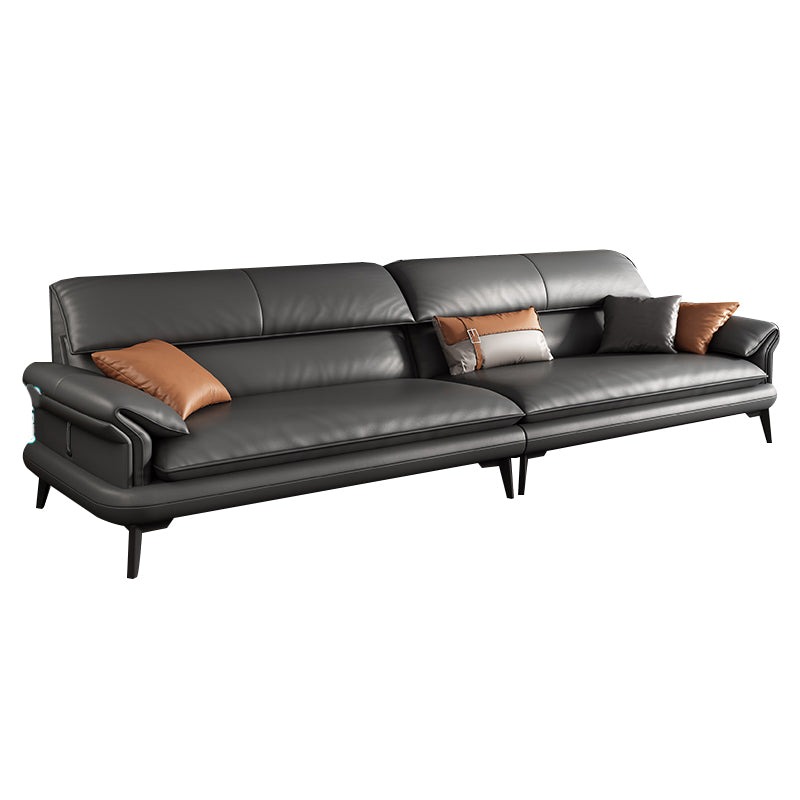 Scandinavian Sofa Genuine Leather Dark Gray Cushions Pillow Top Arm Seating