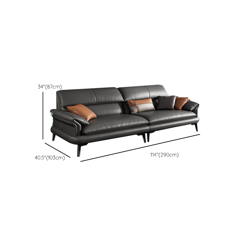 Scandinavian Sofa Genuine Leather Dark Gray Cushions Pillow Top Arm Seating