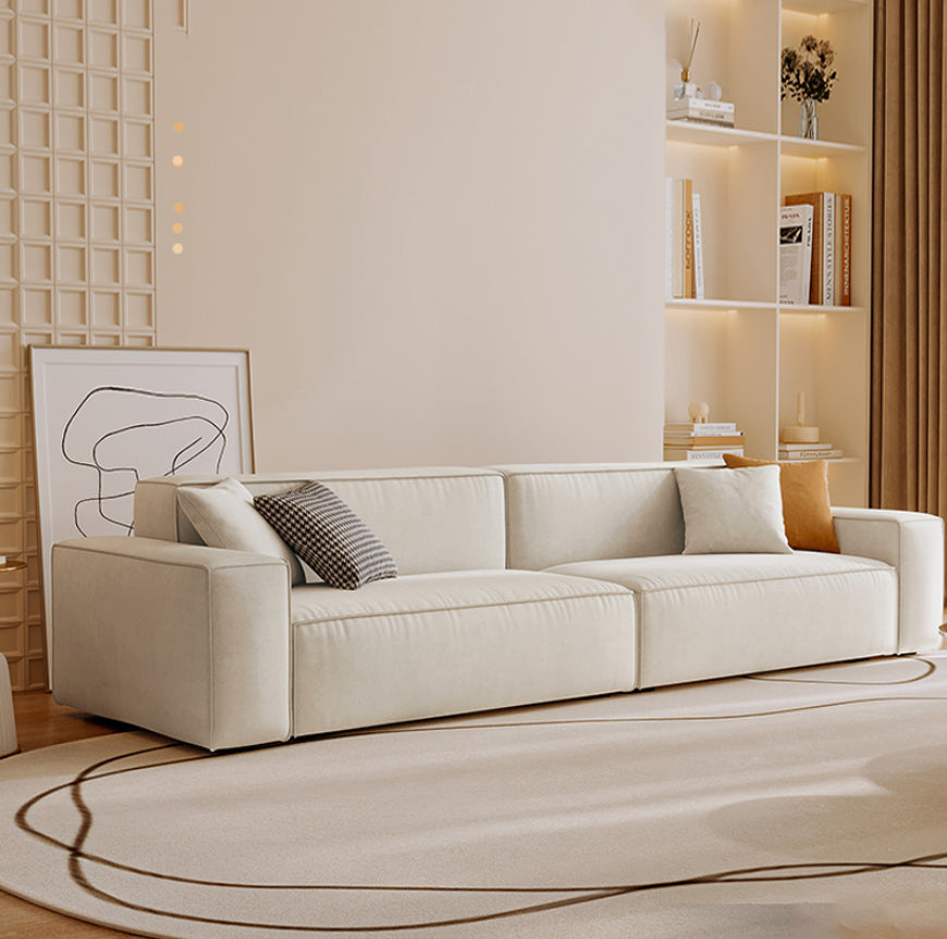 Contemporary Sofa Genuine Leather Living Room Square Arm Cushions White