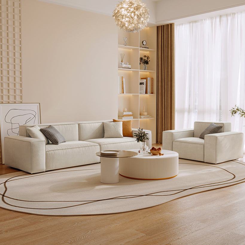 Contemporary Sofa Genuine Leather Living Room Square Arm Cushions White