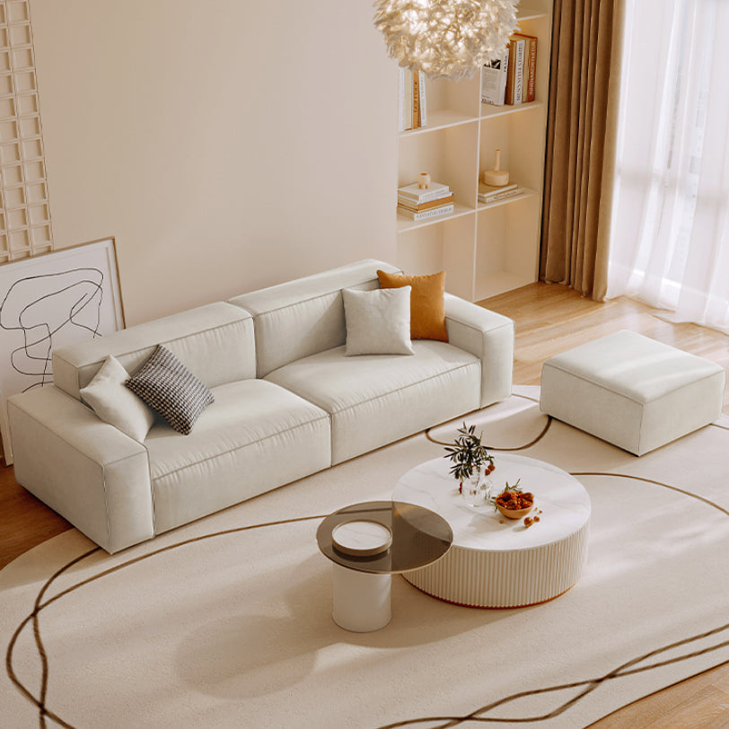 Contemporary Sofa Genuine Leather Living Room Square Arm Cushions White