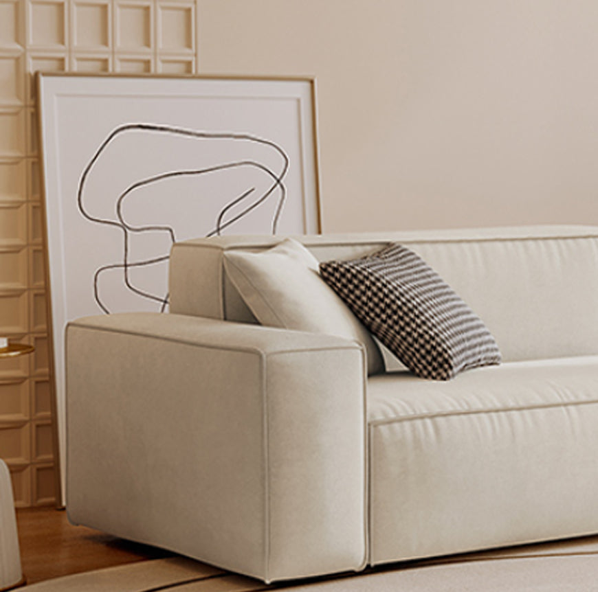 Contemporary Sofa Genuine Leather Living Room Square Arm Cushions White