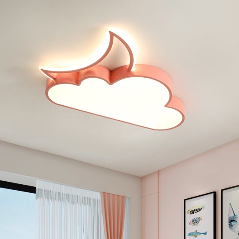 Kids LED Flush Mount Lamp Pink/Gold/Blue Crescent Hiding Behind A Cloud Ceiling Fixture with Acrylic Shade