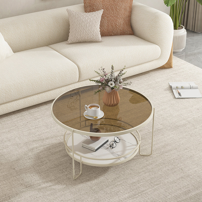 3 Legs Round Cocktail Table Glass Top Coffee Table with Shelf