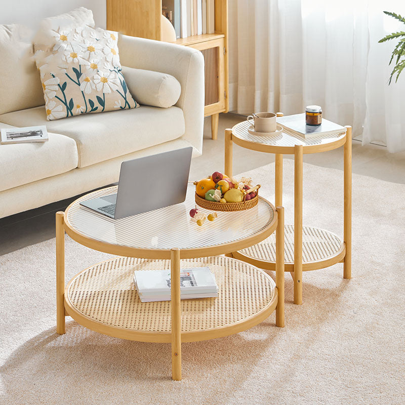 Wood 4 Legs Cocktail Table Round Glass Top Coffee Table with Shelf