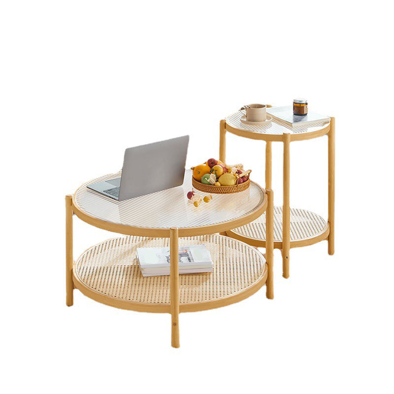 Wood 4 Legs Cocktail Table Round Glass Top Coffee Table with Shelf