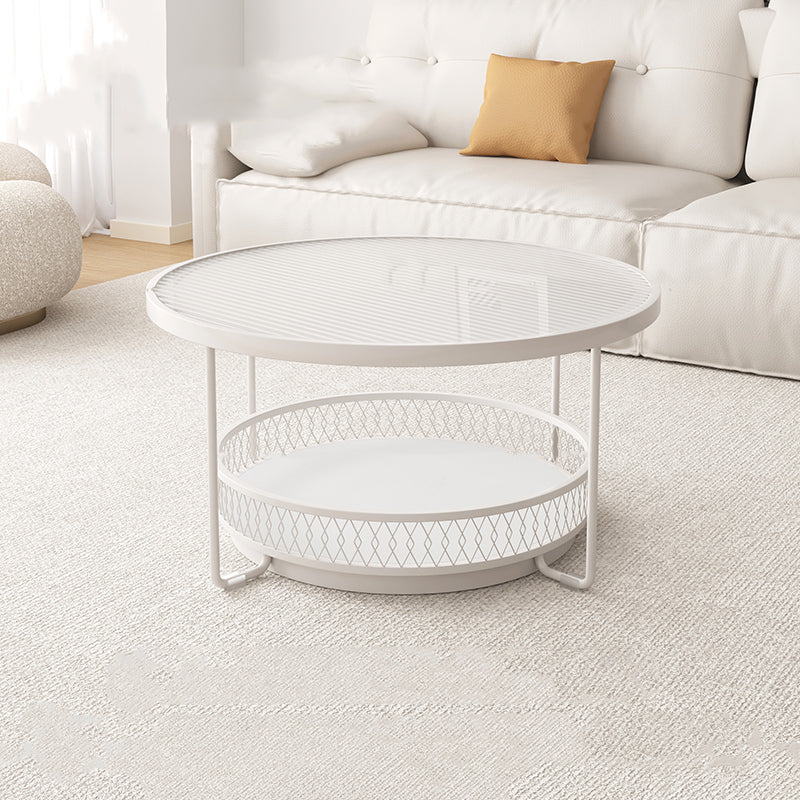 Iron 4 Legs Cocktail Table Round Glass Top Coffee Table with Shelf